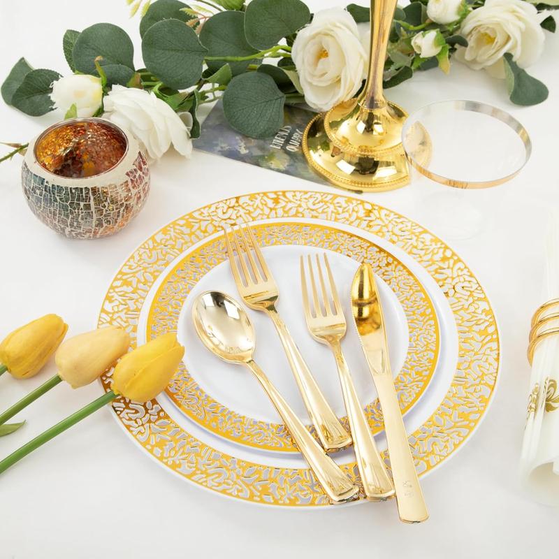 350 count Thanksgiving Gold Dinnerware Sets, Plates and Napkins Party Supplies Include:50 Gold Dinner Plates, 50 Gold Dessert Plates, 50 Paper Napkins, 50 Cups, 50 Gold Plastic Cutlery Set