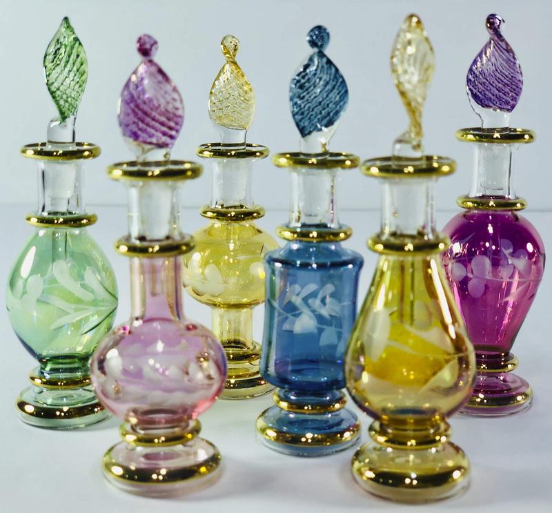 Set of 6 Handmade Egyptian Glass Perfume Bottles, 5 cm Miniatures with Gold Detailing