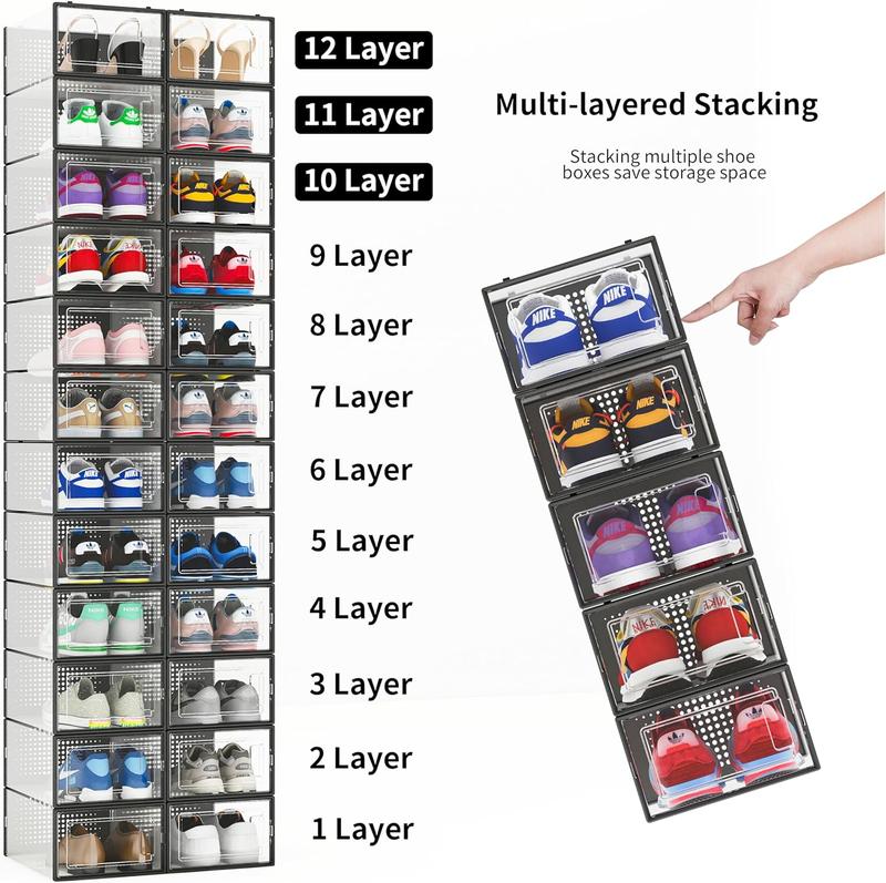 12 Pack Shoe Storage Bins, Clear Plastic Stackable Shoe Organizer for Closet, Space Saving Foldable Shoe Rack, Shoe Box Sneaker Holder Container, Black Frame Laundry Room