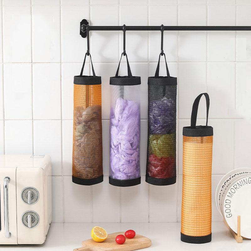 Household Multi-purpose Hanging Storage Basket, 1 Count Random Color Plastic Bag Storage Bag, Nylon Hanging Storage Organizer for Kitchen