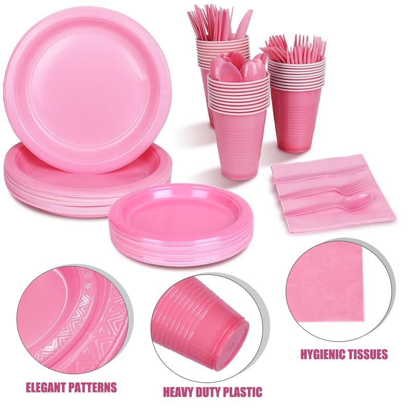 KesaPlan 212PCS Pink Disposable Dinnerware Set, Party Supplies, Including 30 of Pink Plastic Plates, 12 oz Pink Cups, Pink Utensils and Napkins, 2 Table Covers, Serve 30 Guests for Birthday Wedding