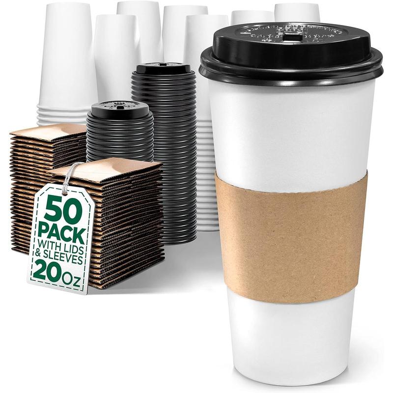 Disposable Coffee Cups with Lids and Sleeves for Insulation (50 Pack) - To Go Paper White Coffee Cups for Travel, Hot Beverage Cups for Coffee, Tea, Hot Chocolate for Winter