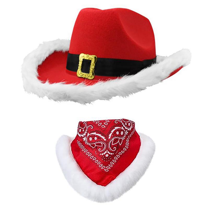 Adults Christmas Cowboy Hat and Scarf Red Santa Wide Brim Hat Holiday Party Costume Accessories