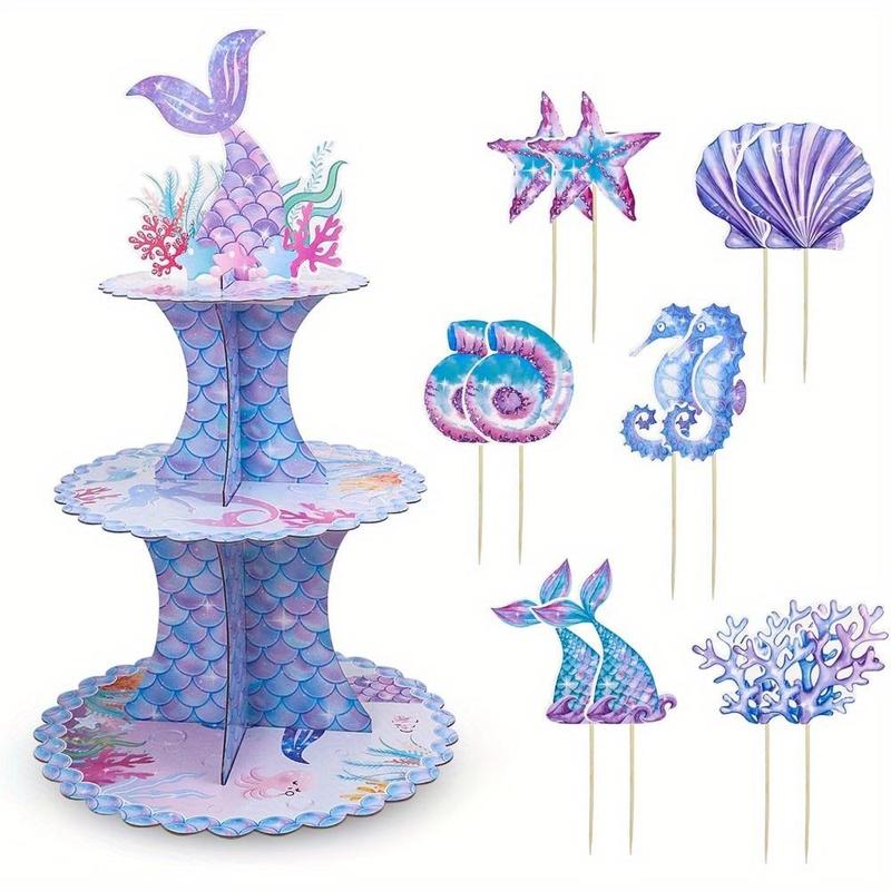 Mermaid Theme Cake Decoration Set, Including 1 Count Cupcake Stand & 12pcs Cupcake Topper, Birthday Party Decoration Supplies