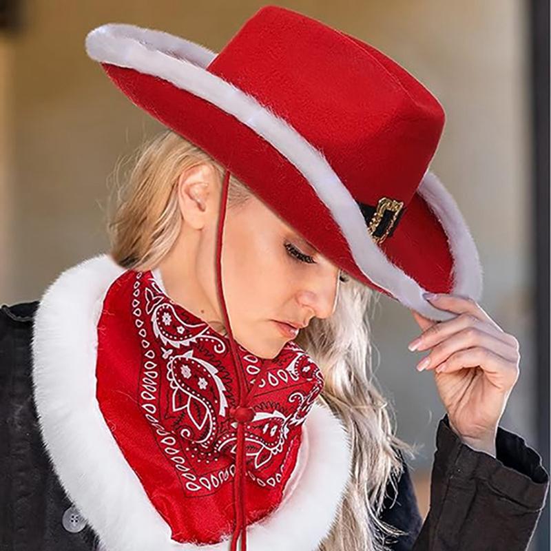 Adults Christmas Cowboy Hat and Scarf Red Santa Wide Brim Hat Holiday Party Costume Accessories