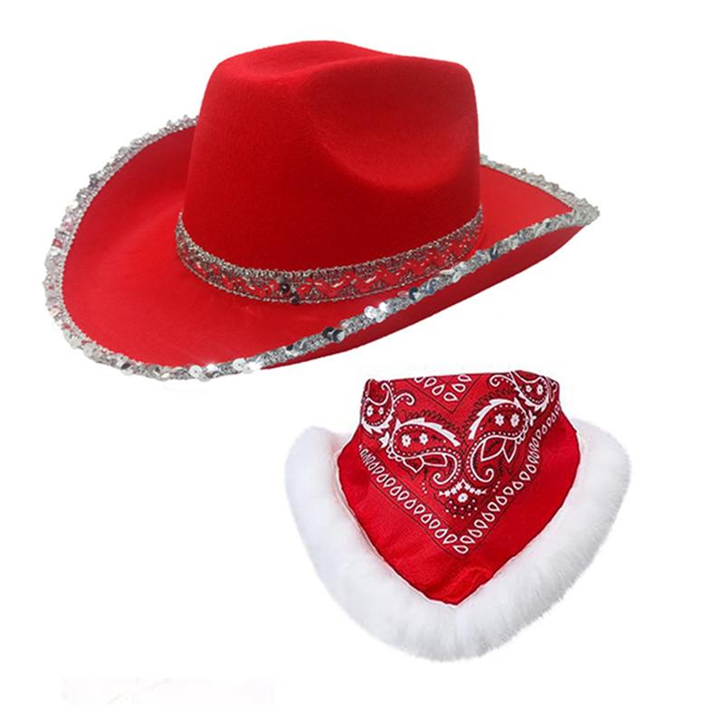 Adults Christmas Cowboy Hat and Scarf Red Santa Wide Brim Hat Holiday Party Costume Accessories