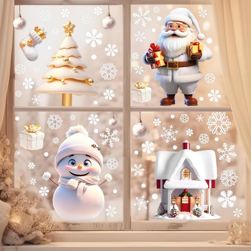 3D Christmas Window Sticker, 1 Set Snowman & Santa Claus & Reindeer & Snowflake Pattern Static Cling Window Decal, Holiday Decoration Supplies for Home Party School