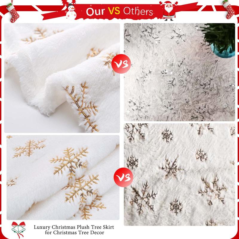 Small Tree Skirt 24 36 48 Inches Christmas White Faux Fur Tree Skirts 4ft Mini Gold Sequin Snowflakes Ornaments Decor