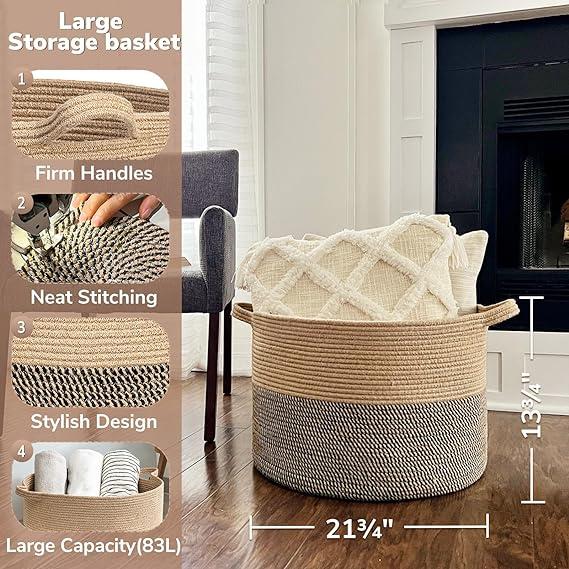 Goodpick Extra Large Wicker Storage Basket, 83L Woven Blanket Storage for Living Room, Round Woven Basket for Clothes, Large Jute Basket, Big Laundry Basket for Pillow, 21.7 x 13.8 inches