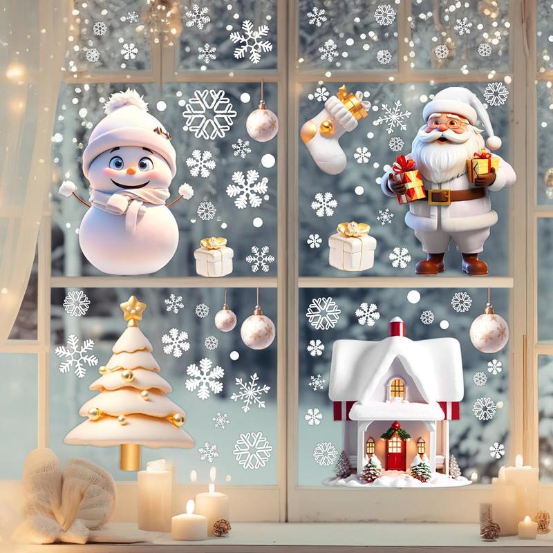 3D Christmas Window Sticker, 1 Set Snowman & Santa Claus & Reindeer & Snowflake Pattern Static Cling Window Decal, Holiday Decoration Supplies for Home Party School