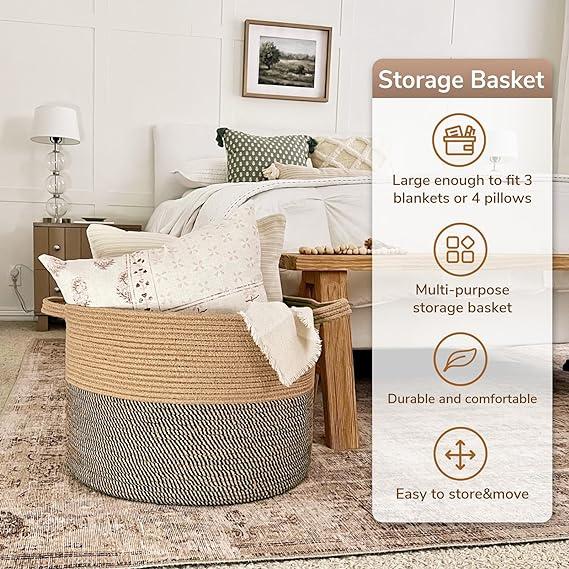 Goodpick Extra Large Wicker Storage Basket, 83L Woven Blanket Storage for Living Room, Round Woven Basket for Clothes, Large Jute Basket, Big Laundry Basket for Pillow, 21.7 x 13.8 inches