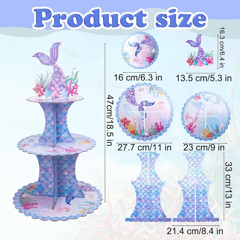 Mermaid Theme Cake Decoration Set, Including 1 Count Cupcake Stand & 12pcs Cupcake Topper, Birthday Party Decoration Supplies