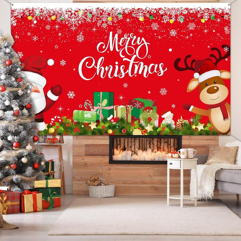 Christmas Banner Backdrop Santa Claus Reindeer Merry Christmas Banner Indoor for Xmas Holiday Party Photo Booth Photography Wall Hanging Decor, 72.8 X 43.3 Inch(Red, Solid-Color Pattern)