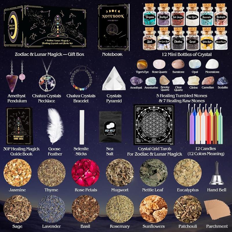 Supplies Kit, 80Pack  Starter Kit  Supplies and Tools Witchy Gifts for Beginners, Spell Candles, Chakra  Crystals and Dried  for Zodiac and Lunar Magick