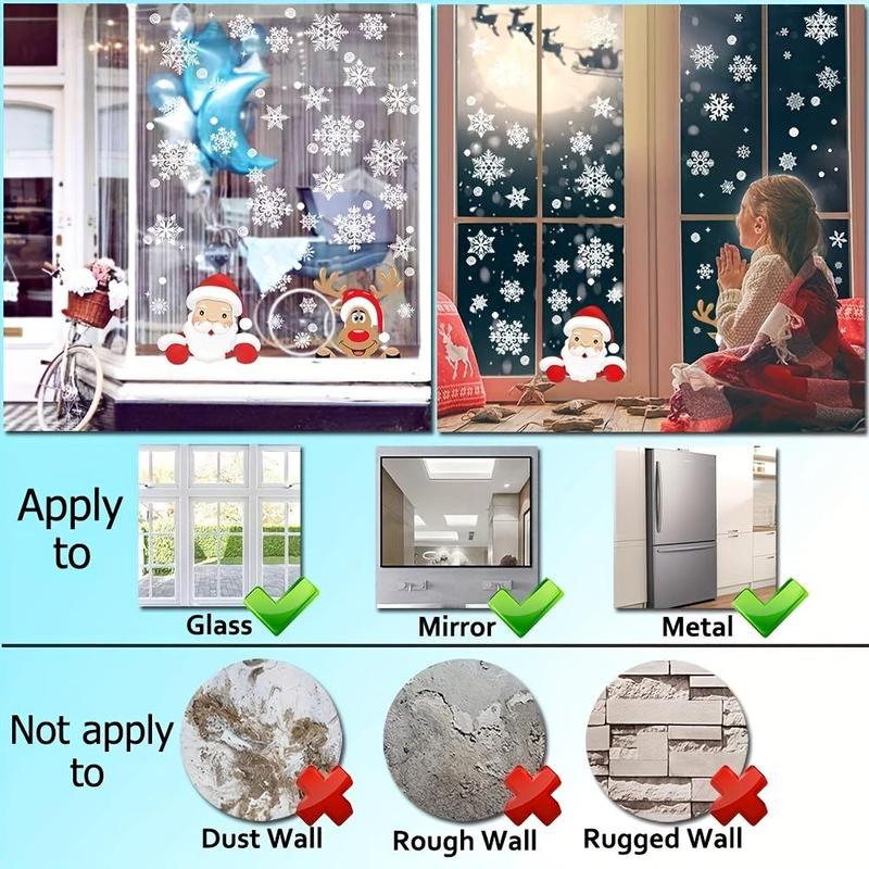 3D Christmas Window Sticker, 1 Set Snowman & Santa Claus & Reindeer & Snowflake Pattern Static Cling Window Decal, Holiday Decoration Supplies for Home Party School