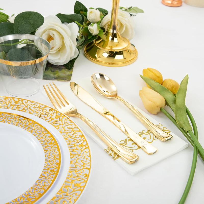 350 count Thanksgiving Gold Dinnerware Sets, Plates and Napkins Party Supplies Include:50 Gold Dinner Plates, 50 Gold Dessert Plates, 50 Paper Napkins, 50 Cups, 50 Gold Plastic Cutlery Set