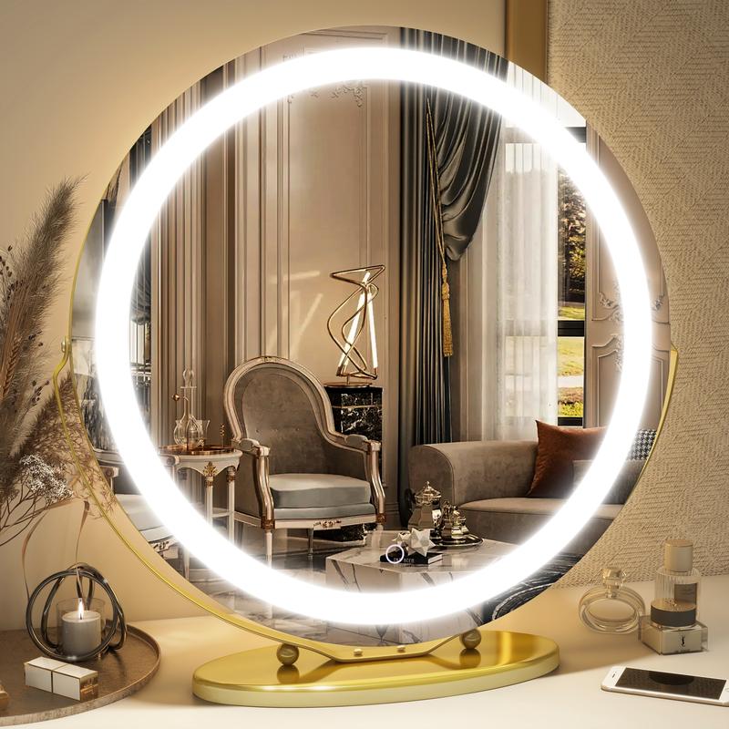 FENNIO 20inches Vanity Mirror with Lights, 3 Colors Dimmable, Round Lighted Makeup Mirror, 360°Rotation, Smart Touch, White Gold, Best Decor Gift