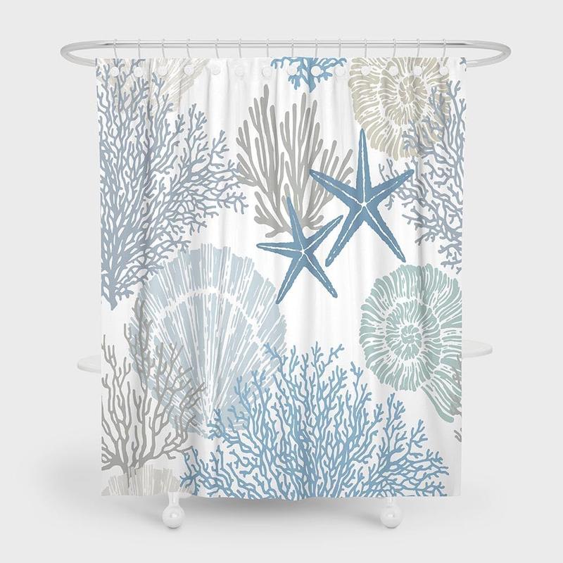 No Hook Shower Curtain with Snap in Liner, Nautical Coastal Seashell Beach Shower Curtains, Hotel Shower Curtain, Ocean Themed Shower Curtains for Bathroom Decor, 72