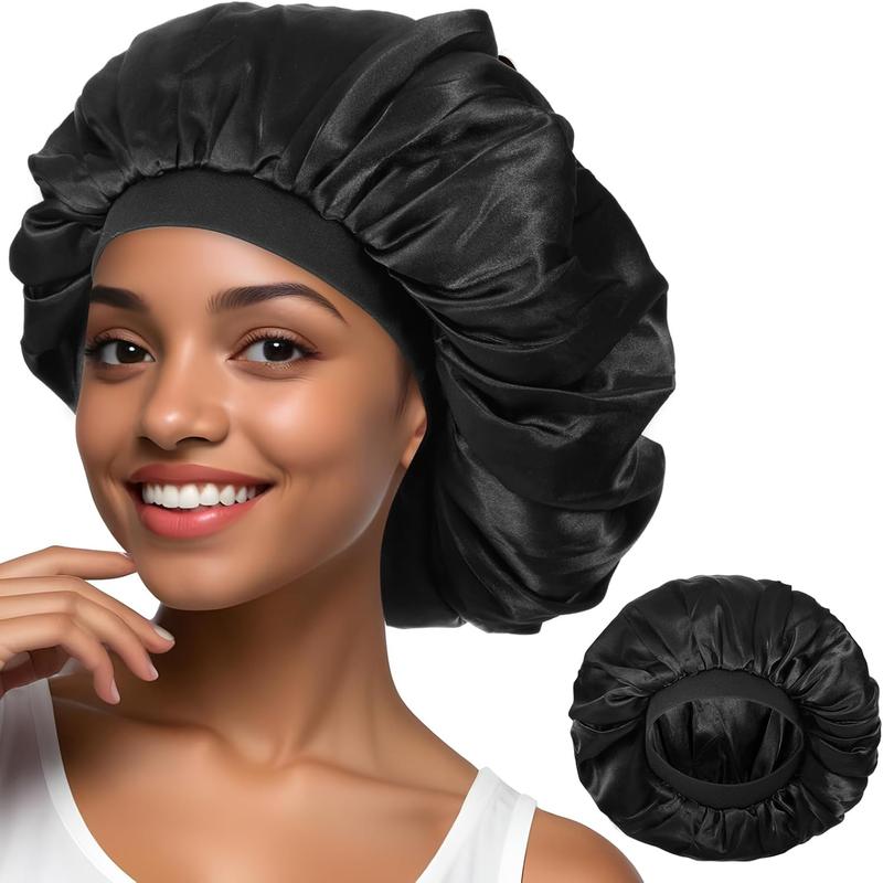 Bonnet for Men, Silk Single Layer Hair Bonnet for Sleeping, Night Wrap Sleep Cap with Adjustable Strap Reversible Sleep Cap Satin Bonnets for Women Men Curly Hair Black