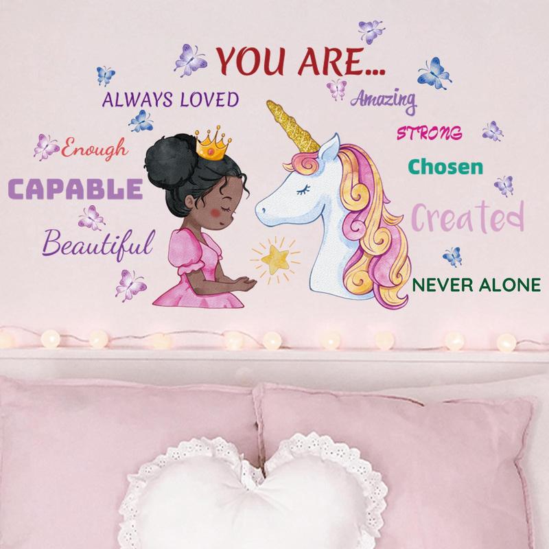 1 Set Cartoon Girl & Unicorn Pattern Wall Sticker, Slogan Graphic Creative Wall Decal, Wall Decorative Tiles Sticker for Home Bedroom Decoration, Cool Bedroom Accessories, Home Essentials