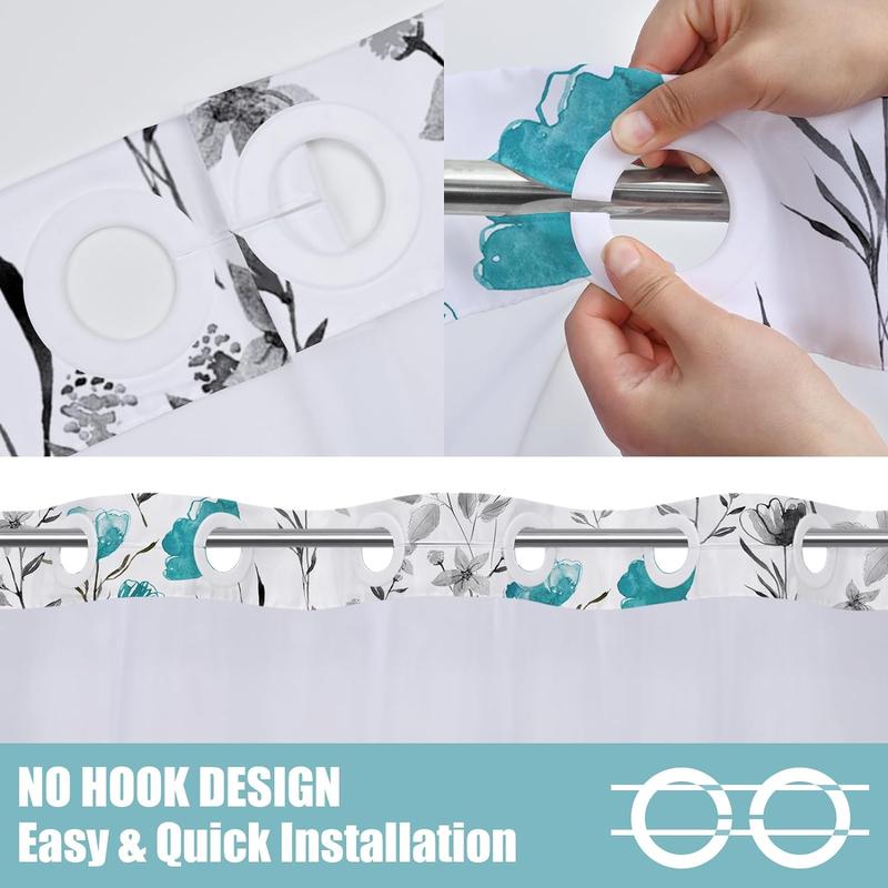 No Hooks Shower Curtain with Snap in Liner,  Floral Shower Curtain, See Through Shower Curtain Sets with Liner, Double Layer Bathroom Curtains for Hotel