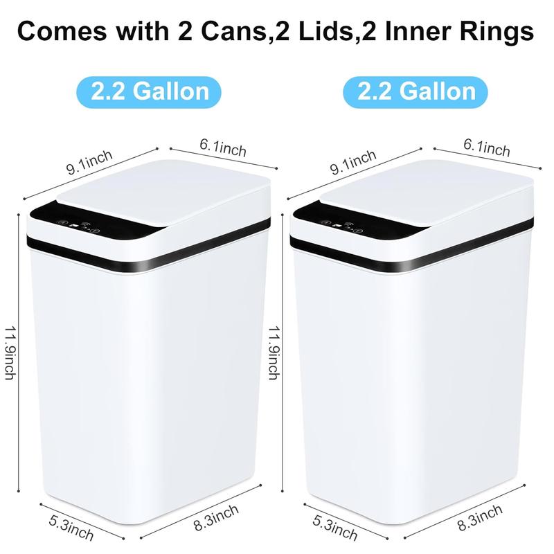 Anborry Bathroom Trash Cans with Lid 2 Pack 2.2 Gallon Touchless Automatic Motion Sensor Small Slim Garbage Can, Smart Electric Narrow Garbage Bin Set