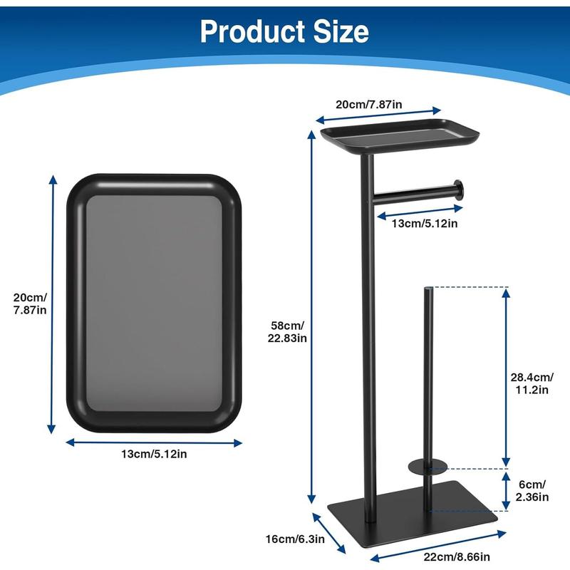 Black Toilet Paper Holder Stand with Top Storage Shelf, Free Standing Toilet Roll Dispenser for Bathroom, Holds 4 Reserve Rolls