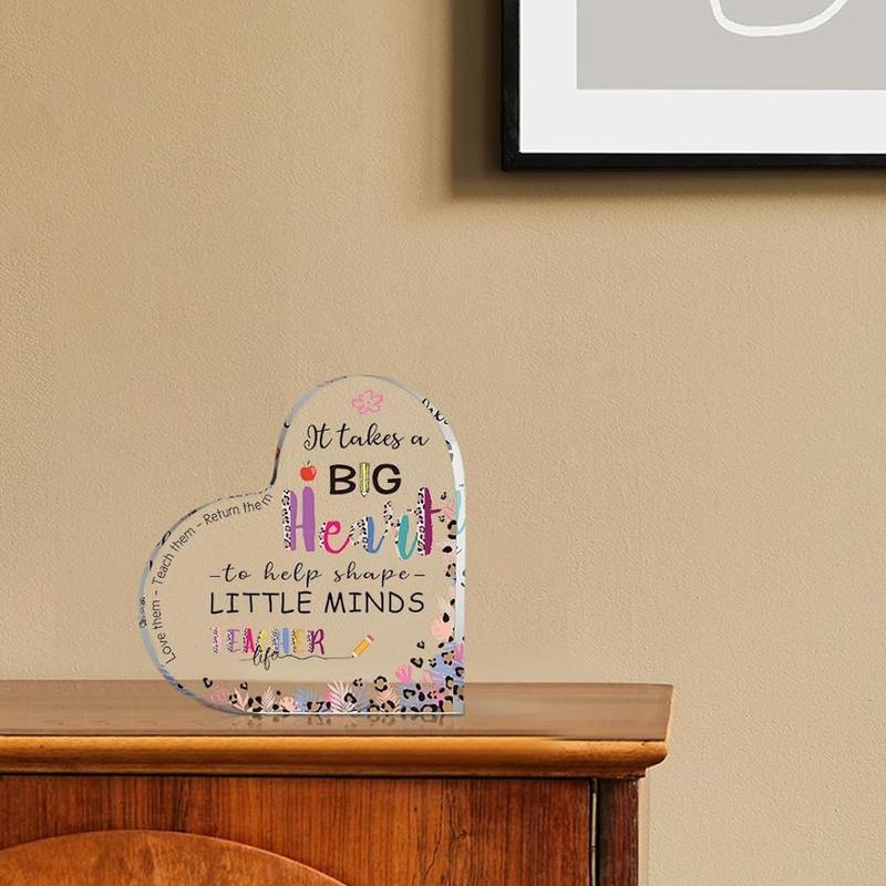 Heart Shaped Acrylic Plaque, 1 Count Creative Letter Pattern Desktop Ornament, Teacher Appreciation Gift, Home Decor for Office School Classroom