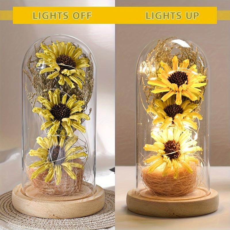 1 Piece Delightful Yellow Glass Dome Artificial Sunflower Decoration - LED Lighted Artificial Flower, Realistic Petals, Soft Warm Glow - Perfect Gift For Mother's Day, Valentine's Day, Christmas, Birthday, Ideal For Bedroom Or Party Ambiance