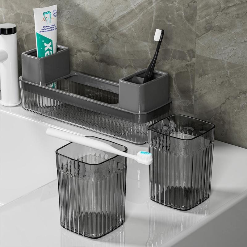 Toothbrush Holder for Bathrooms , 2 cups Toothbrush Organizer for Bathroom Countertop, Toothbrush Holder Toothbrush Storage for Shower , Tooth Brushing Holder Cup Tray and Toothpaste Caddy  - Black