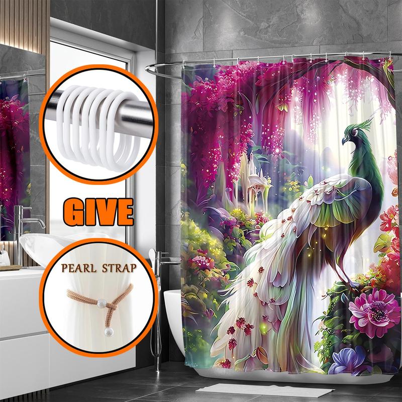 Peacock Print Bath Curtain with Hooks, 1 Count Modern Waterproof Shower Curtain with 1 Count Random Color Curtain Strap, Bathroom Accessories for Decor