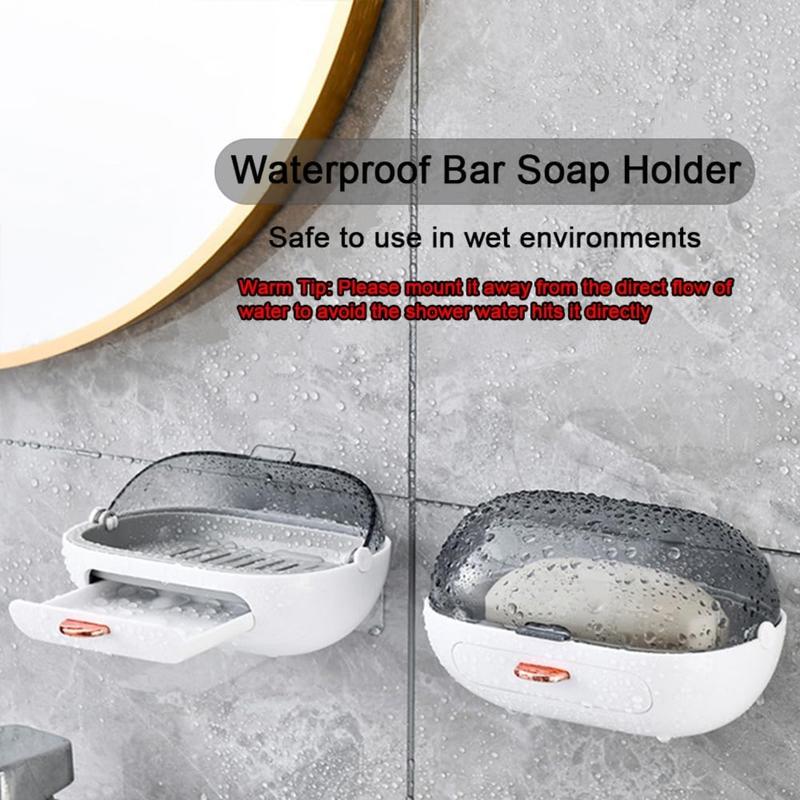 2 Pack Shower Soap Dish Holder with Lid, Bar Soap Holder with Drain, Wall Mounted Soap Box Container for Shower, Bathroom, Bathtub, Kitchen Sink, Adhesive Included