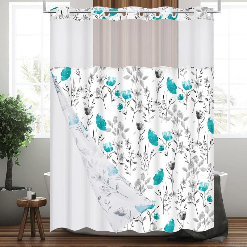 No Hooks Shower Curtain with Snap in Liner,  Floral Shower Curtain, See Through Shower Curtain Sets with Liner, Double Layer Bathroom Curtains for Hotel