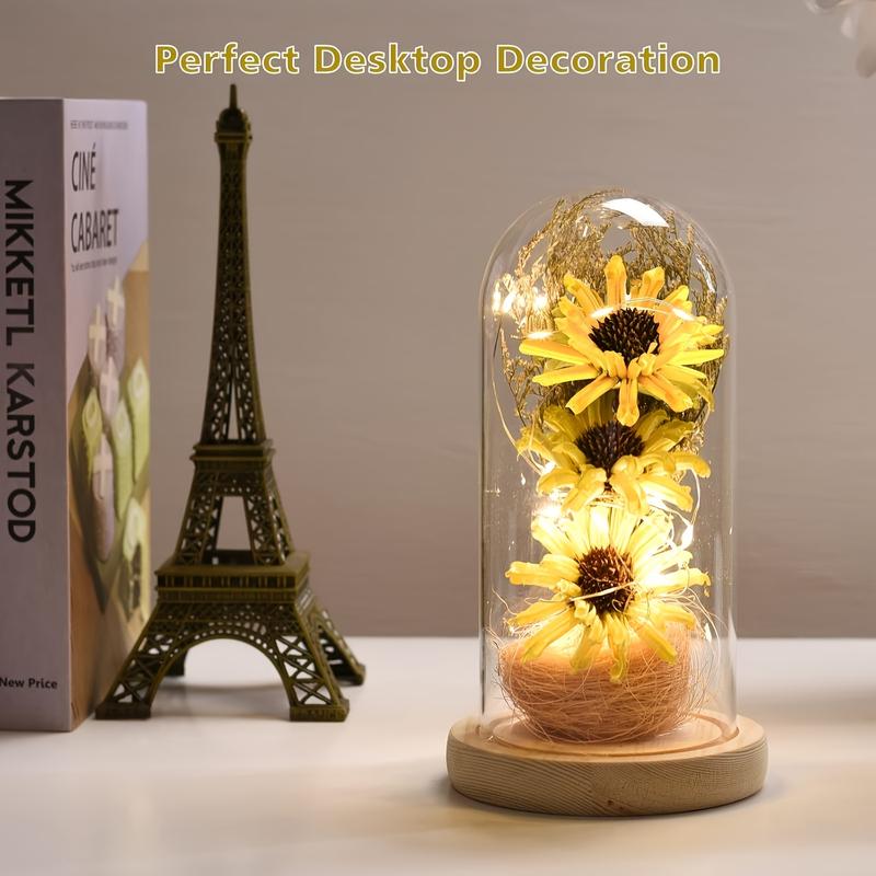 1 Piece Delightful Yellow Glass Dome Artificial Sunflower Decoration - LED Lighted Artificial Flower, Realistic Petals, Soft Warm Glow - Perfect Gift For Mother's Day, Valentine's Day, Christmas, Birthday, Ideal For Bedroom Or Party Ambiance