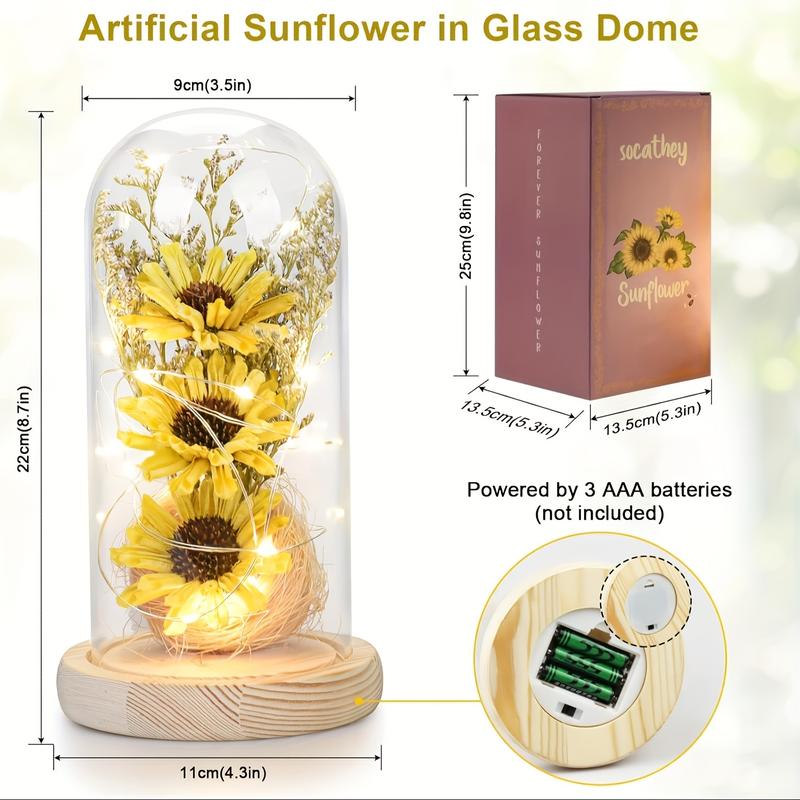 1 Piece Delightful Yellow Glass Dome Artificial Sunflower Decoration - LED Lighted Artificial Flower, Realistic Petals, Soft Warm Glow - Perfect Gift For Mother's Day, Valentine's Day, Christmas, Birthday, Ideal For Bedroom Or Party Ambiance