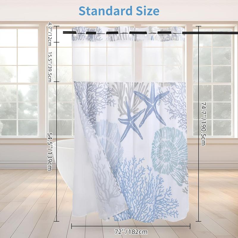 No Hook Shower Curtain with Snap in Liner, Nautical Coastal Seashell Beach Shower Curtains, Hotel Shower Curtain, Ocean Themed Shower Curtains for Bathroom Decor, 72