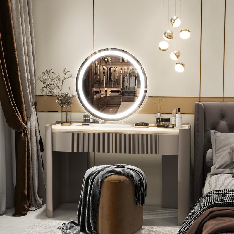 FENNIO 20inches Vanity Mirror with Lights, 3 Colors Dimmable, Round Lighted Makeup Mirror, 360°Rotation, Smart Touch, White Gold, Best Decor Gift