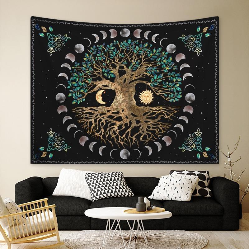 Festival Adornment, Tree Pattern Tapestry, Boho Mandala Tapestry, Hippie Sun & Moon Pattern Hanging Cloth, Fantasy Tree Print Tapestry polyester tapestry