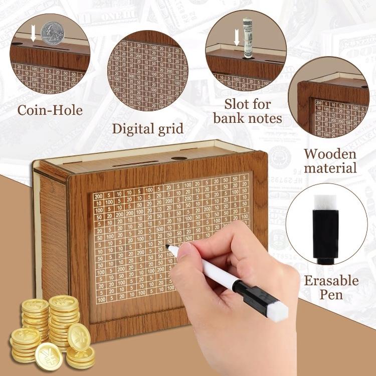 10000 Savings Challenge Box Cash Vault Wooden Coin Bank Money Saving Box with Target and Numbers - Piggy Bank  Money Box with Counter for Girls Boys, Brown