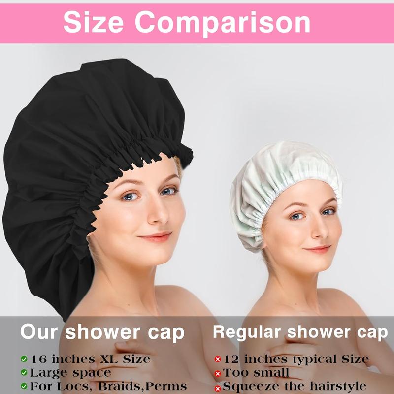 2 count Large Shower Cap for Braids - Waterproof Shower Cap for Women, Reusable XL Plastic Shower Caps  Bath Bonnet for Long Thick Curly Hair, Locs, Twist Braids (Black&Pink)