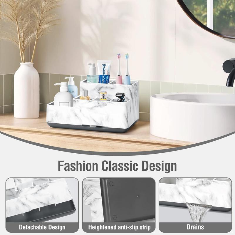 Electric Toothbrush Holder for Bathroom, Plastic Bathroom Countertop Organizer Compartment, Vanity Organizer Tray,Countertop Organizer Box, Desk Organizers and Storage,White Marble Pattern