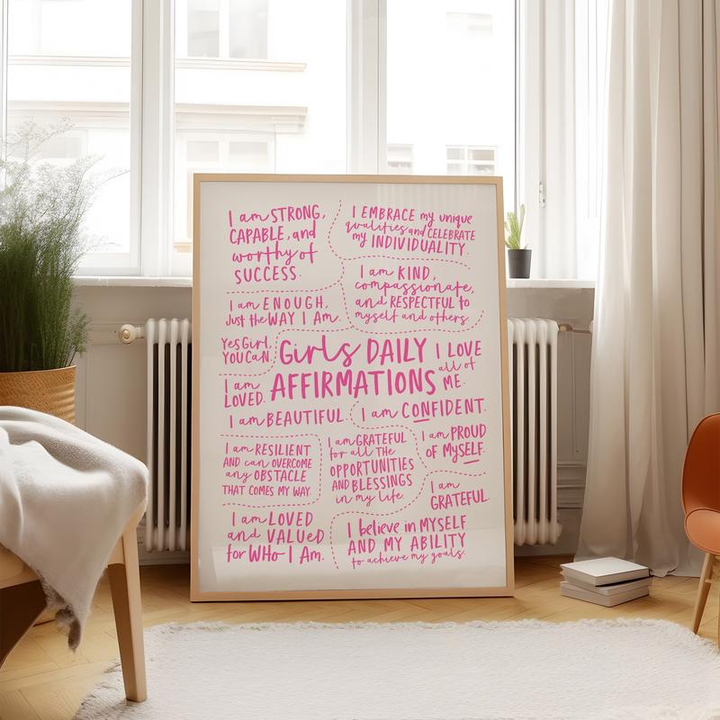 Aesthetic Pink Girly Wall Art, Girls Daily Affirmation Poster No Framed, Mindful Reminder Dorm Room Decor, Mental Health Art Therapy Office Decor, Gifts For Her, Wall Art, Wall Room Decor