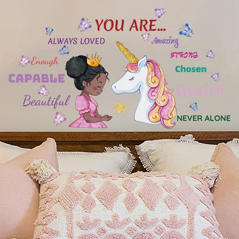 1 Set Cartoon Girl & Unicorn Pattern Wall Sticker, Slogan Graphic Creative Wall Decal, Wall Decorative Tiles Sticker for Home Bedroom Decoration, Cool Bedroom Accessories, Home Essentials