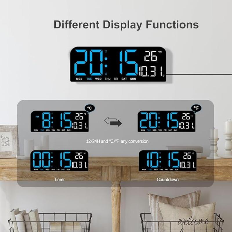 Digital Wall Clock Large Display,LED Wall Clocks for Living Room Decor, Digital Clock with Temperature DST Auto-Dimming Humidity Snooze - 12 24H, Silent Digital Clocks