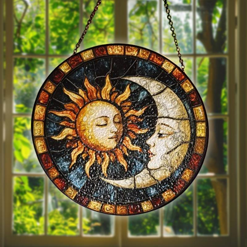 Sun & Moon Stained Glass Sun Catcher, Featuring Faces, Window Hanging Decor, Ideal Gift for Home Decoration.