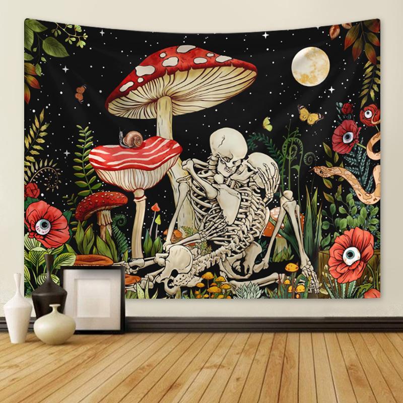 Halloween Mushroom & Bone Printed Tapestry, 1 Count Fantasy Flower Plant Aesthetics Tapestry for Home Decor, Halloween Decor 2024, Home Decoration Pendant, Room Accessories