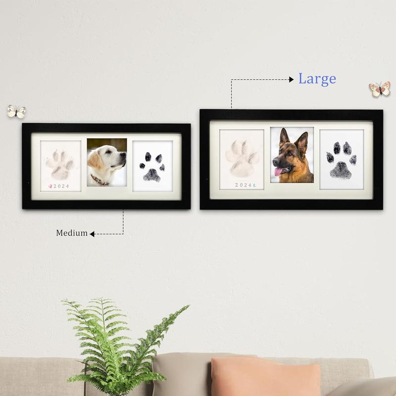 Oversized Paw Print Picture Frame Kit, Dog Cat Paw Print Kit, Paw Print Clay and Clean Touch Ink Pad, Wooden Pet Memorial Photo Frame - Black Decor