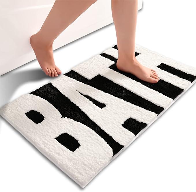 Bathroom Rug Black and White Bath Mats for Bathroom Non Slip Floor Mat, Thick Soft Shaggy Bath Rugs Cute Bathroom Deocr, Super Absorbent Bathmat Machine Washable Carpet for Shower 16 x 24