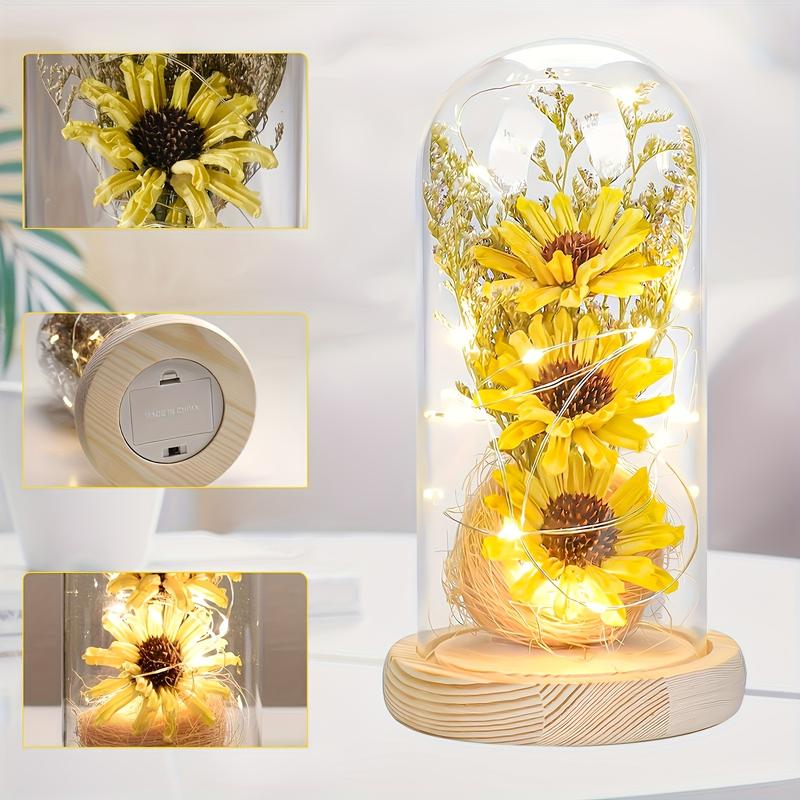 1 Piece Delightful Yellow Glass Dome Artificial Sunflower Decoration - LED Lighted Artificial Flower, Realistic Petals, Soft Warm Glow - Perfect Gift For Mother's Day, Valentine's Day, Christmas, Birthday, Ideal For Bedroom Or Party Ambiance