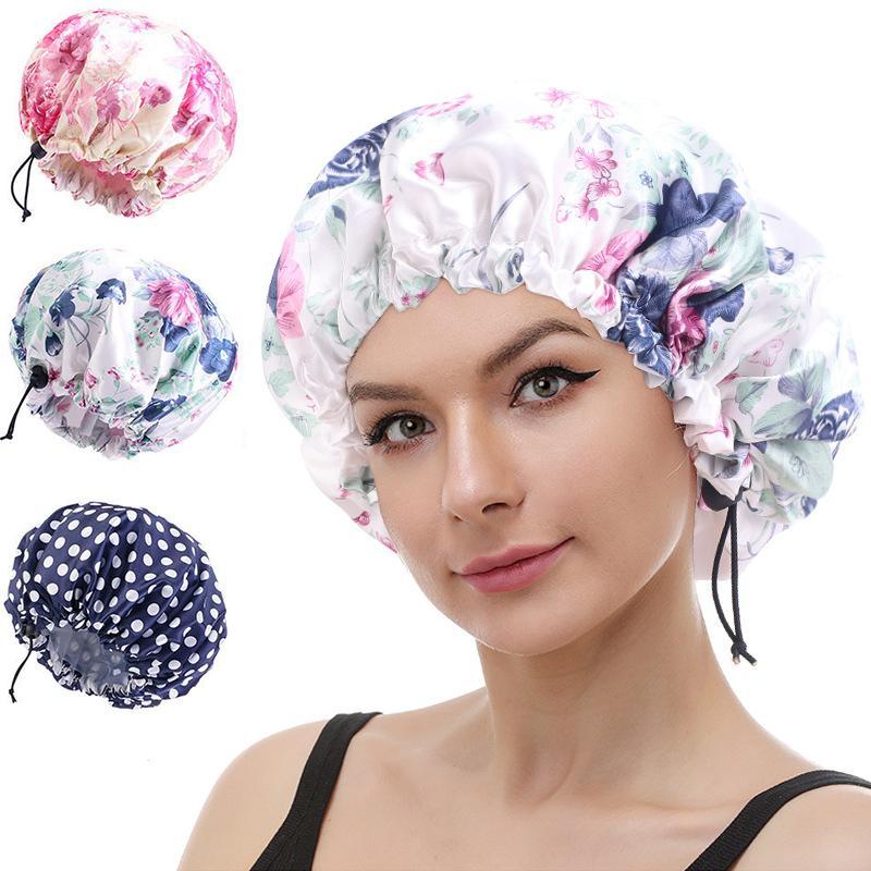 Printed Reusable Shower Cap, 1 Count Waterproof Elastic Shower Cap, Double Layer Shower Cap For Bathroom